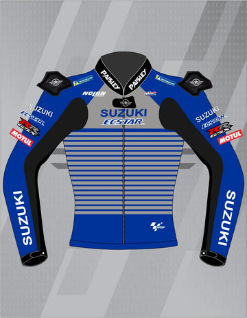 Chaqueta de Moto de Cuero Paisley Suzuki Ecstar – Cazadora Deportiva de Carretera con Protecciones CE, Azul y Gris