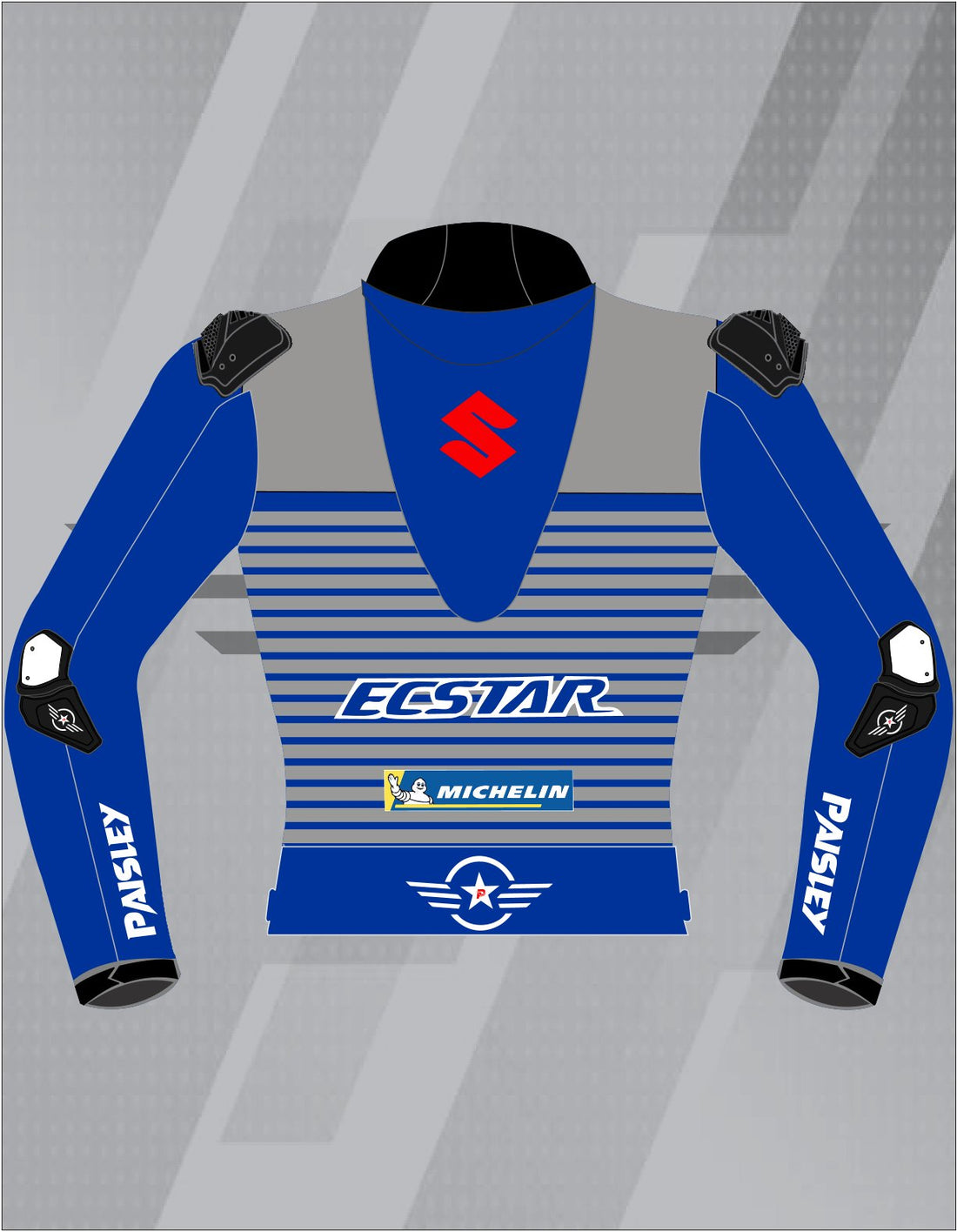 Chaqueta de Moto de Cuero Paisley Suzuki Ecstar – Cazadora Deportiva de Carretera con Protecciones CE, Azul y Gris