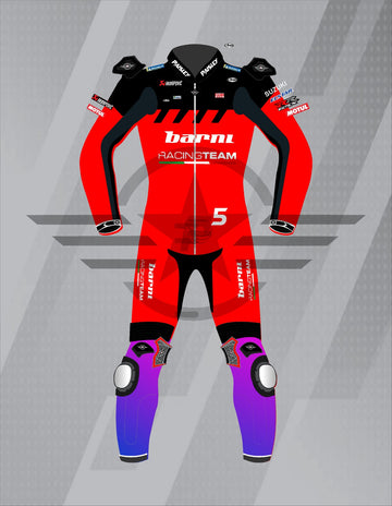 Mono de Moto de Cuero Paisley Barni Racing Team – Traje de Circuito Profesional con Protecciones CE, Rojo, Morado y Azul