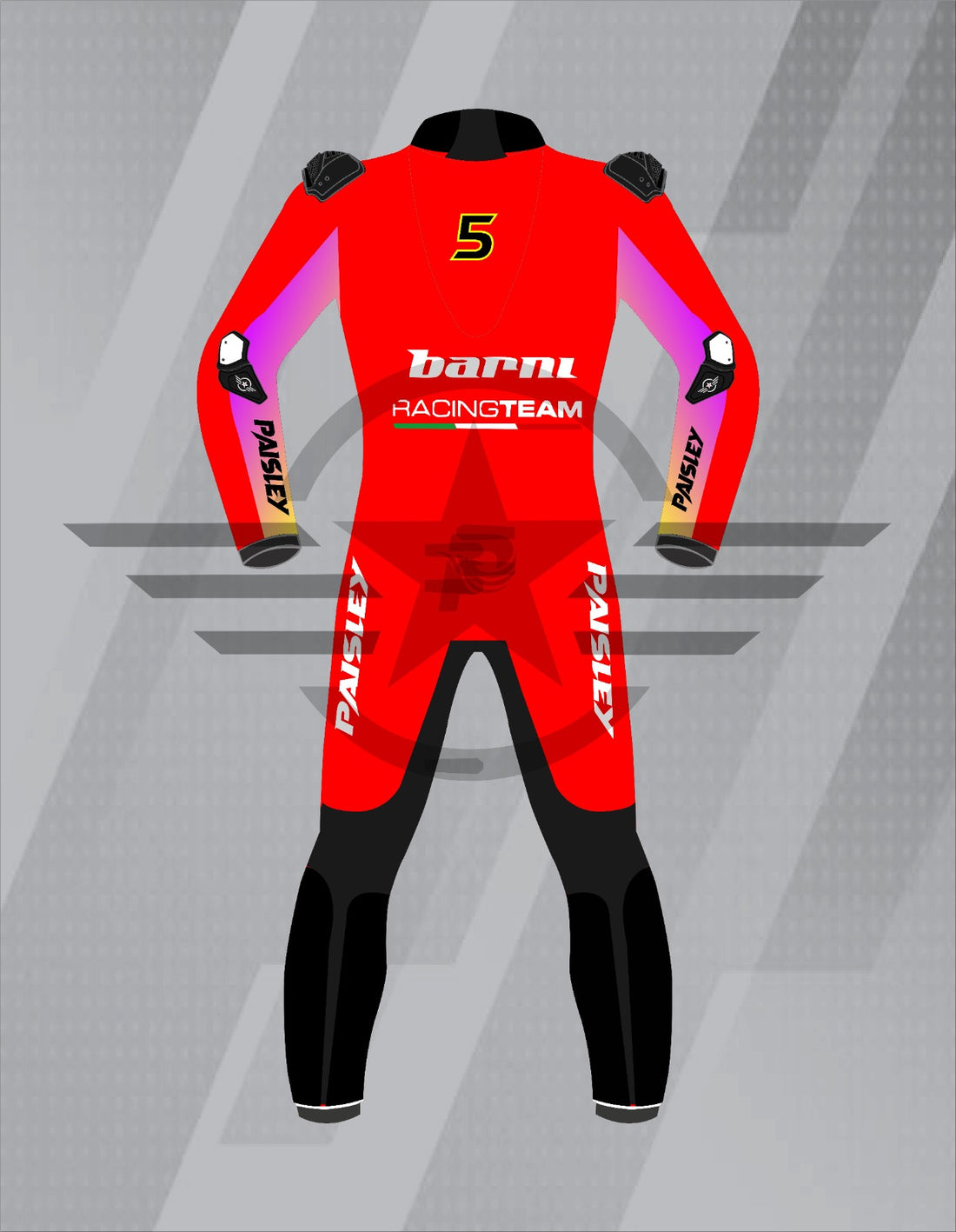 Mono de Moto de Cuero Paisley Barni Racing Team – Traje de Circuito Profesional con Protecciones CE, Rojo, Morado y Azul