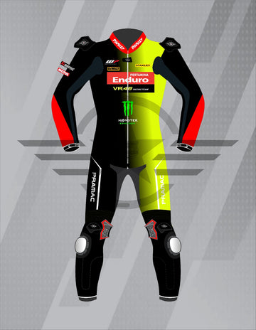 Mono de Moto de Cuero Paisley Pertamina Enduro VR46 – Traje de Circuito MotoGP Profesional con Protecciones CE, Negro y Amarillo Flúor