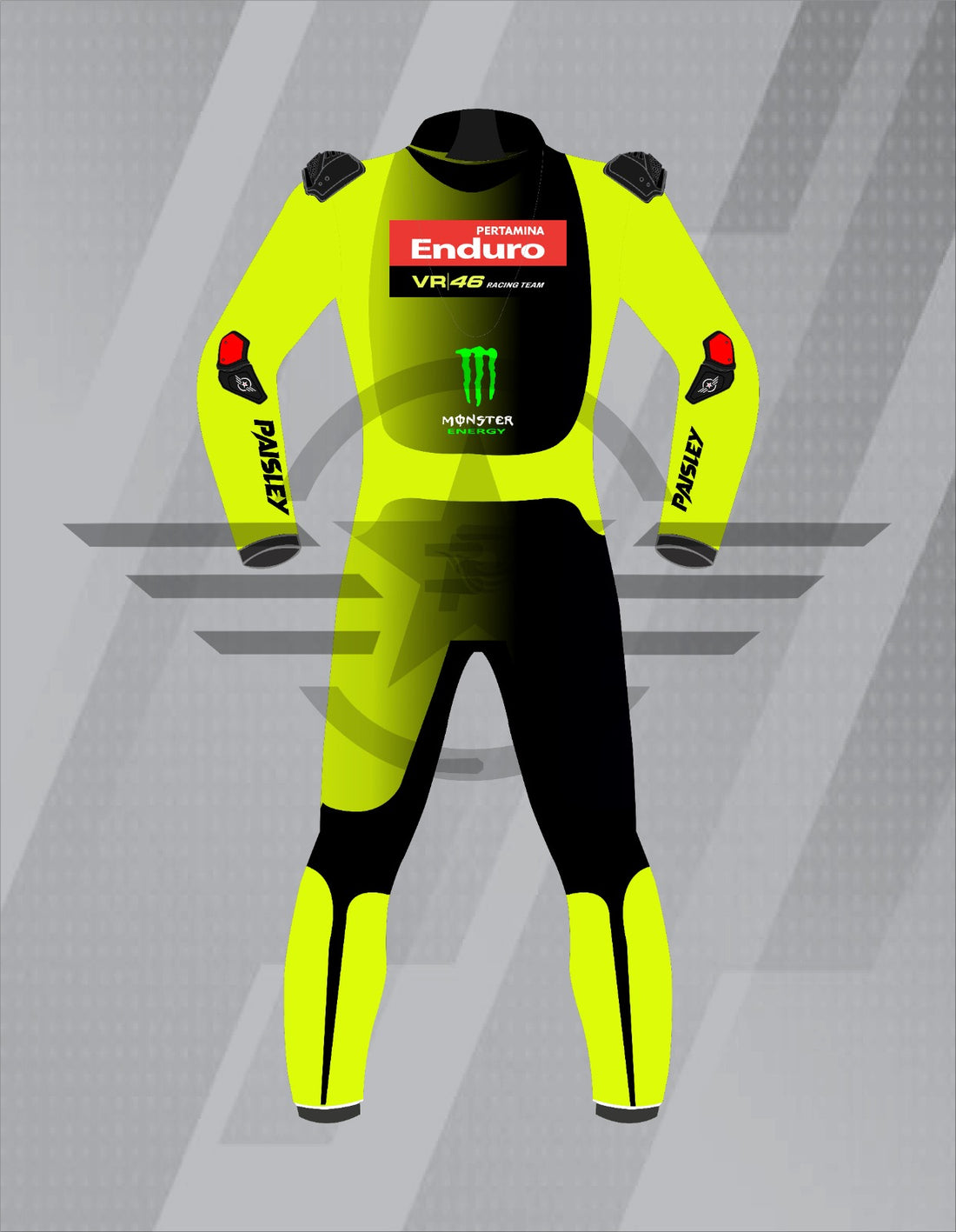 Mono de Moto de Cuero Paisley Pertamina Enduro VR46 – Traje de Circuito MotoGP Profesional con Protecciones CE, Negro y Amarillo Flúor