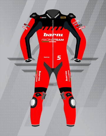 Mono de Moto de Cuero Paisley Barni Racing Team – Traje de Circuito Profesional con Protecciones CE, Rojo y Negro