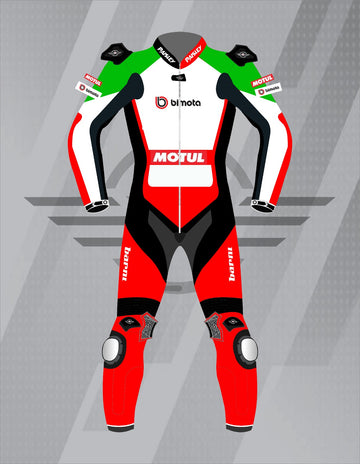 Mono de Moto de Cuero Paisley Bimota Motul – Traje de Circuito Profesional con Protecciones CE, Blanco, Rojo y Verde