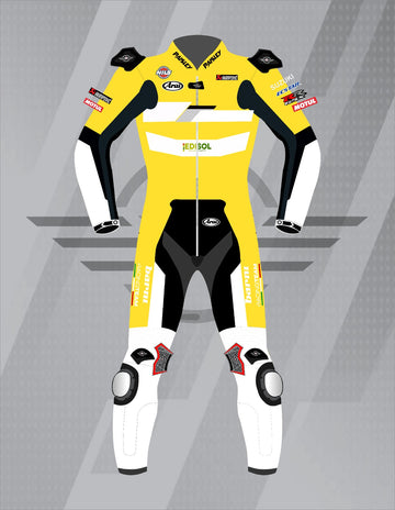 Mono de Moto de Cuero Paisley Barni Edisol – Traje de Circuito Profesional con Protecciones CE, Amarillo y Blanco