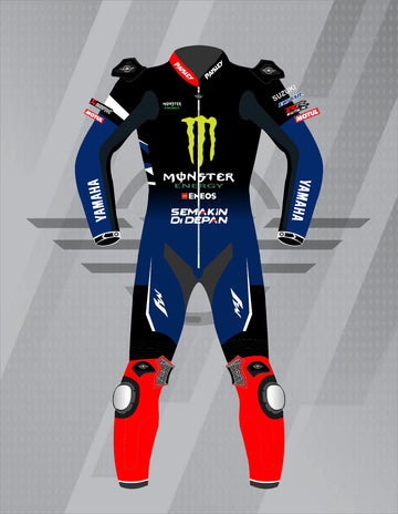 Mono de Moto de Cuero Paisley Monster Energy Yamaha – Traje de Circuito MotoGP Profesional con Protecciones CE, Negro y Azul