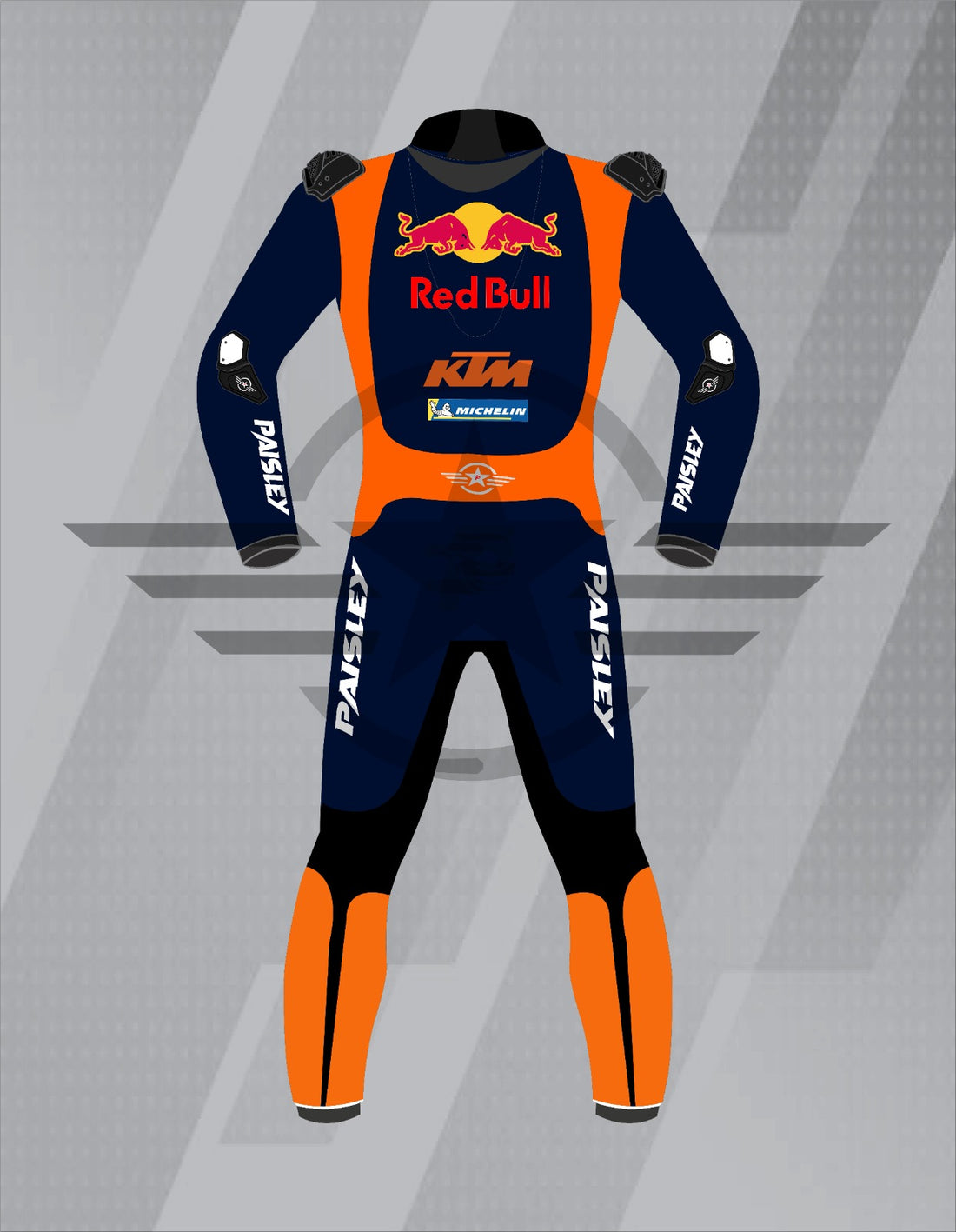 Mono de Moto de Cuero Paisley Red Bull KTM – Traje de Circuito MotoGP Profesional con Protecciones CE, Azul Marino y Naranja