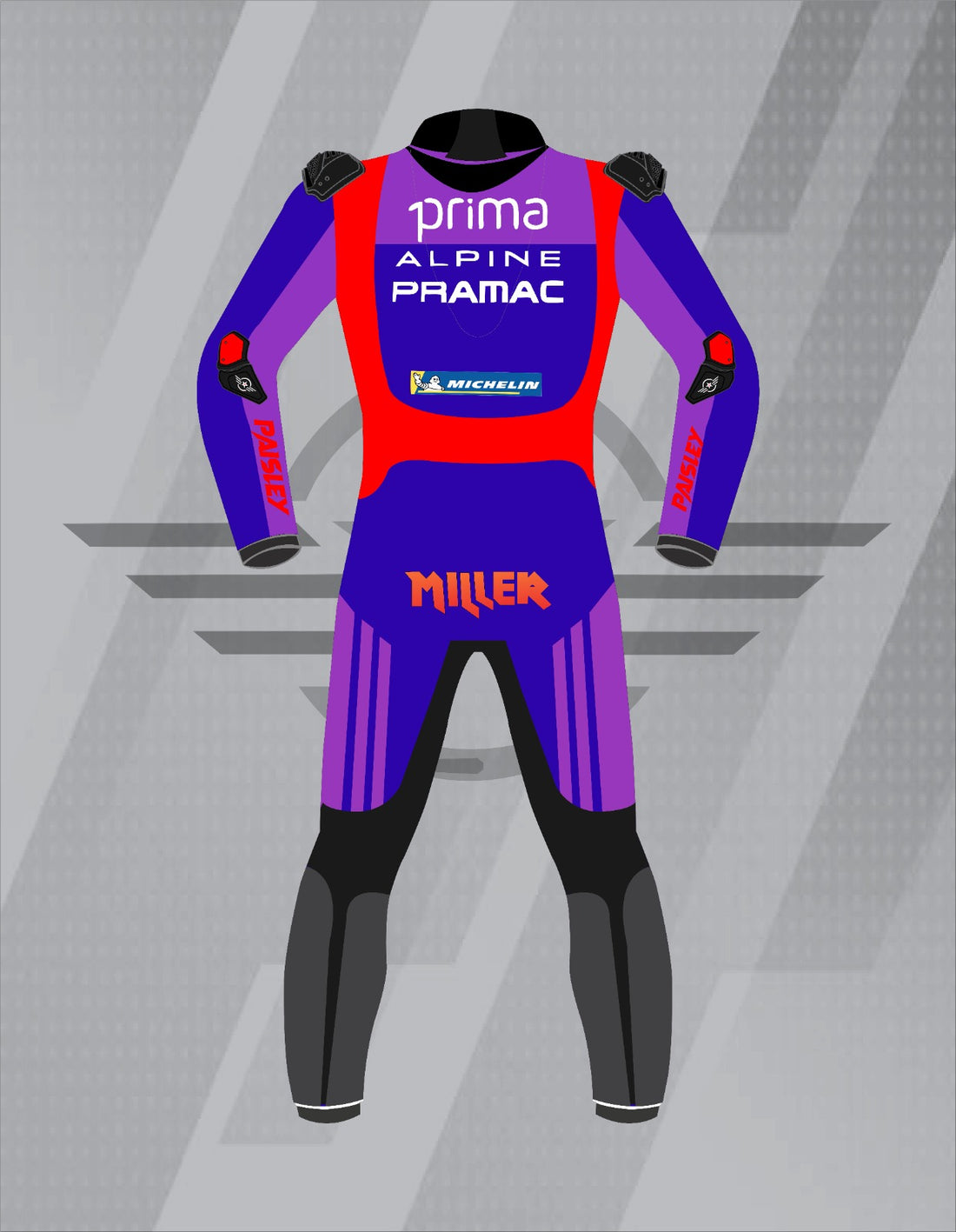 Mono de Moto de Cuero Paisley Prima Pramac Ducati – Traje de Circuito MotoGP Profesional con Protecciones CE, Morado y Azul