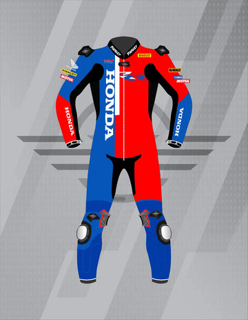Mono de Moto de Cuero Paisley Pro Honda Racing – Traje de Circuito MotoGP Profesional con Protecciones CE, Rojo y Azul