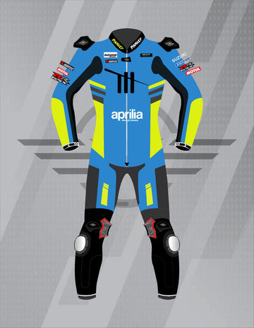 Mono de Moto de Cuero Paisley Aprilia Racing – Traje de Circuito MotoGP Profesional con Protecciones CE, Azul Celeste y Amarillo Flúor