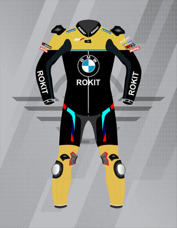 Mono de Moto de Cuero Paisley ROKIT BMW Motorrad – Traje de Circuito Profesional con Protecciones CE, Negro y Amarillo