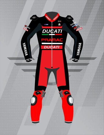Mono de Moto de Cuero Paisley Ducati Pramac Racing – Traje de Circuito MotoGP Profesional con Protecciones CE, Negro y Rojo
