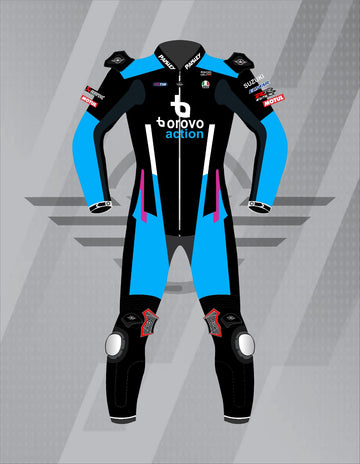 Mono de Moto de Cuero Paisley Borovo Action Suzuki – Traje de Circuito Profesional con Protecciones CE, Negro y Azul Celeste
