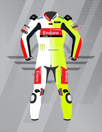 Mono de Moto de Cuero Paisley Pertamina Enduro VR46 – Traje de Circuito MotoGP Profesional con Protecciones CE, Blanco y Amarillo Flúor