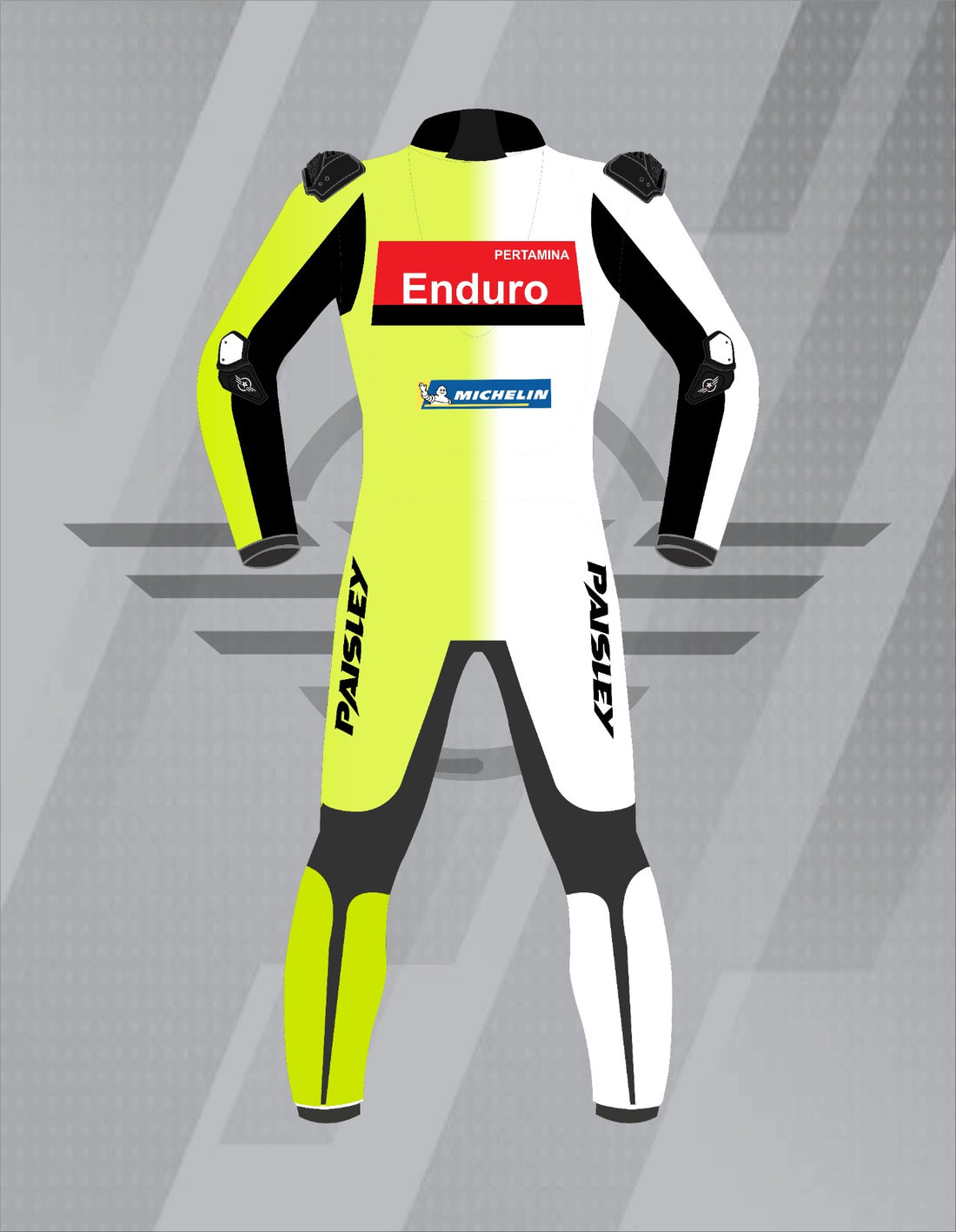 Mono de Moto de Cuero Paisley Pertamina Enduro VR46 – Traje de Circuito MotoGP Profesional con Protecciones CE, Blanco y Amarillo Flúor