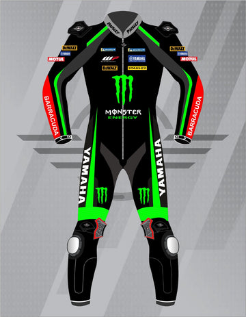 Mono de Moto de Cuero 1 Pieza Monster Energy Yamaha – Traje de Circuito Profesional con Protecciones CE, Negro y Verde Neón